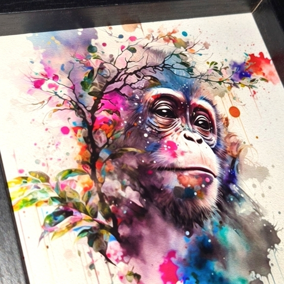 Monkey Portrait Watercolor Oil Painting Framed Print - Picture 3 of 7
